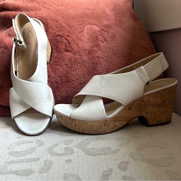 Clarks White Leather Maritsa Lara Platform Cork Sandals Size 7 - Picture 1 of 8